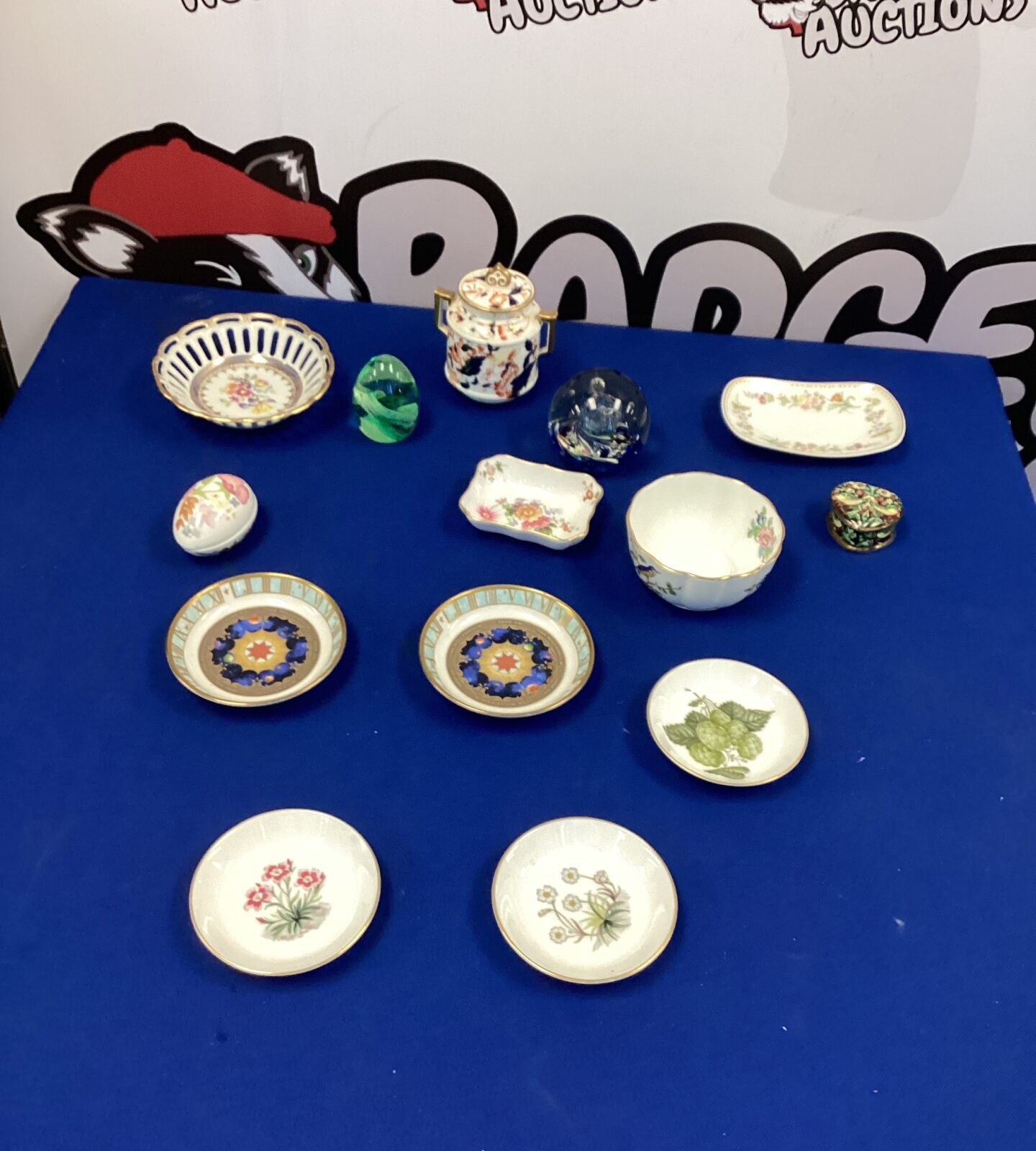 Box of mixed China items inc Aynsley and Glass Paperweights