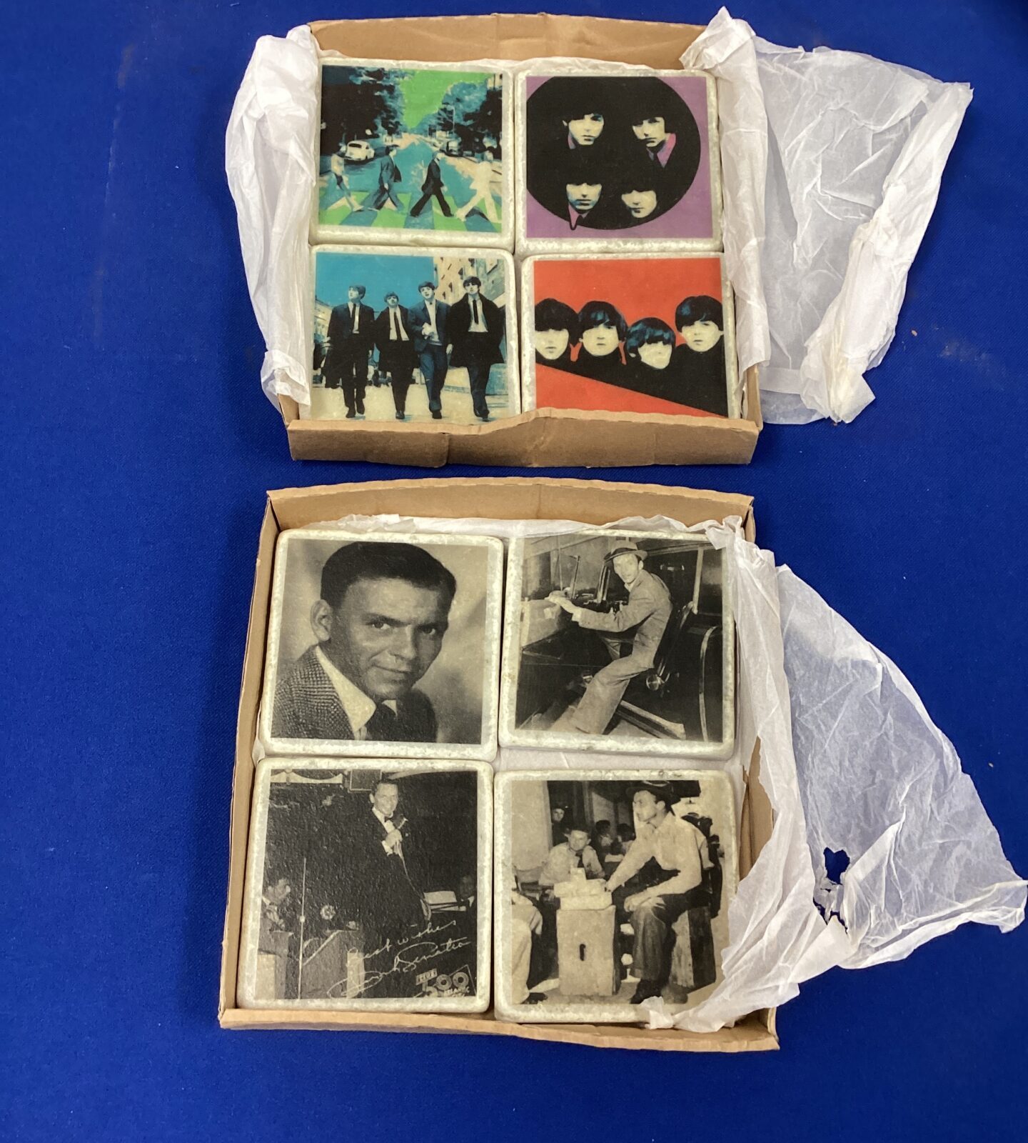 Two sets of Coasters featuring The Beatles and Frank Sinatra