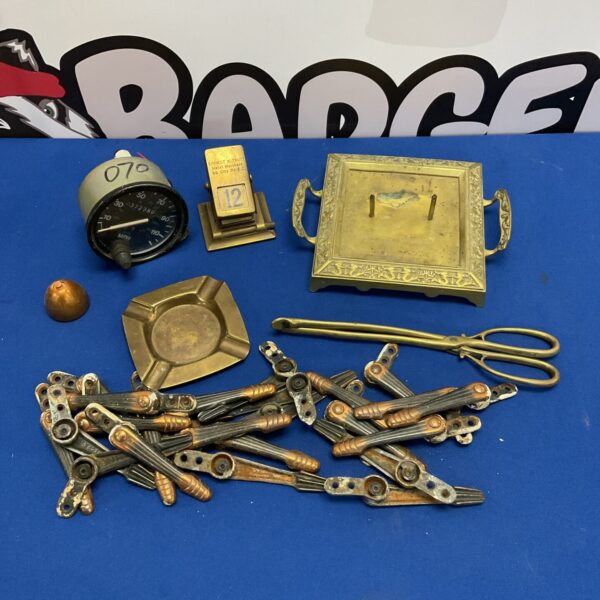 Box of metalware including day date calendar & car speedometer
