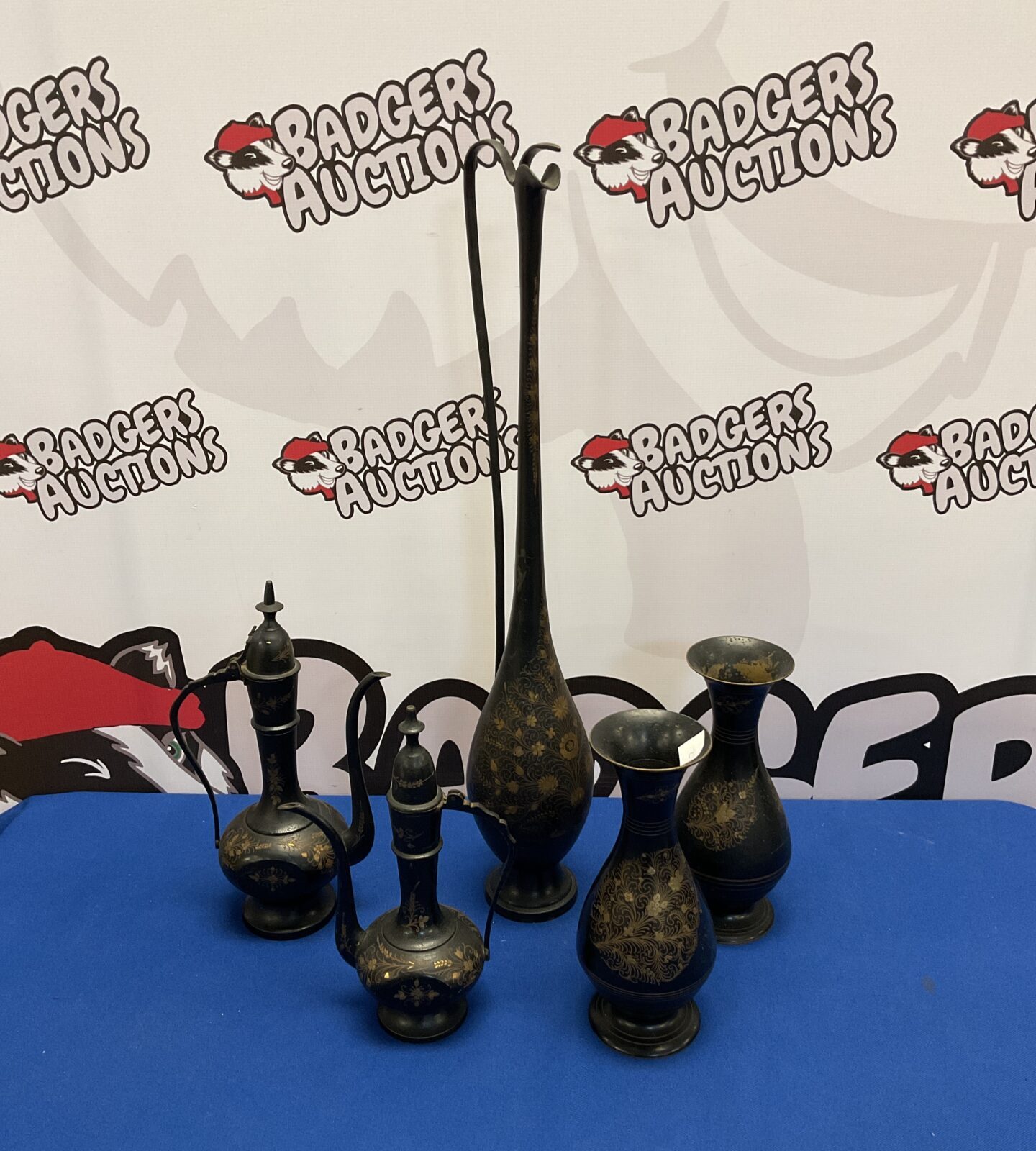 Collection of indian brass engraved vases & pitchers