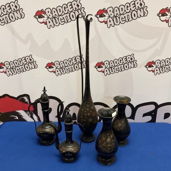 Collection of indian brass engraved vases & pitchers