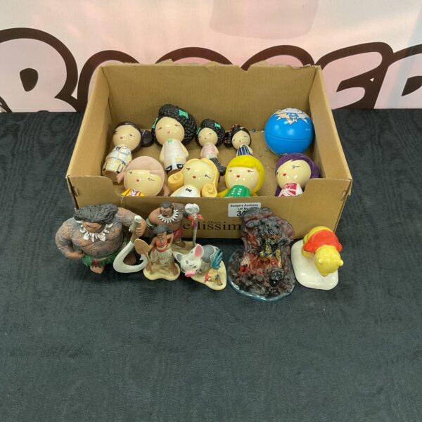 Collection of harajuku lovers wicked style bottle tops with moana figurines and royal doulton winnie the pooh ceramic figure