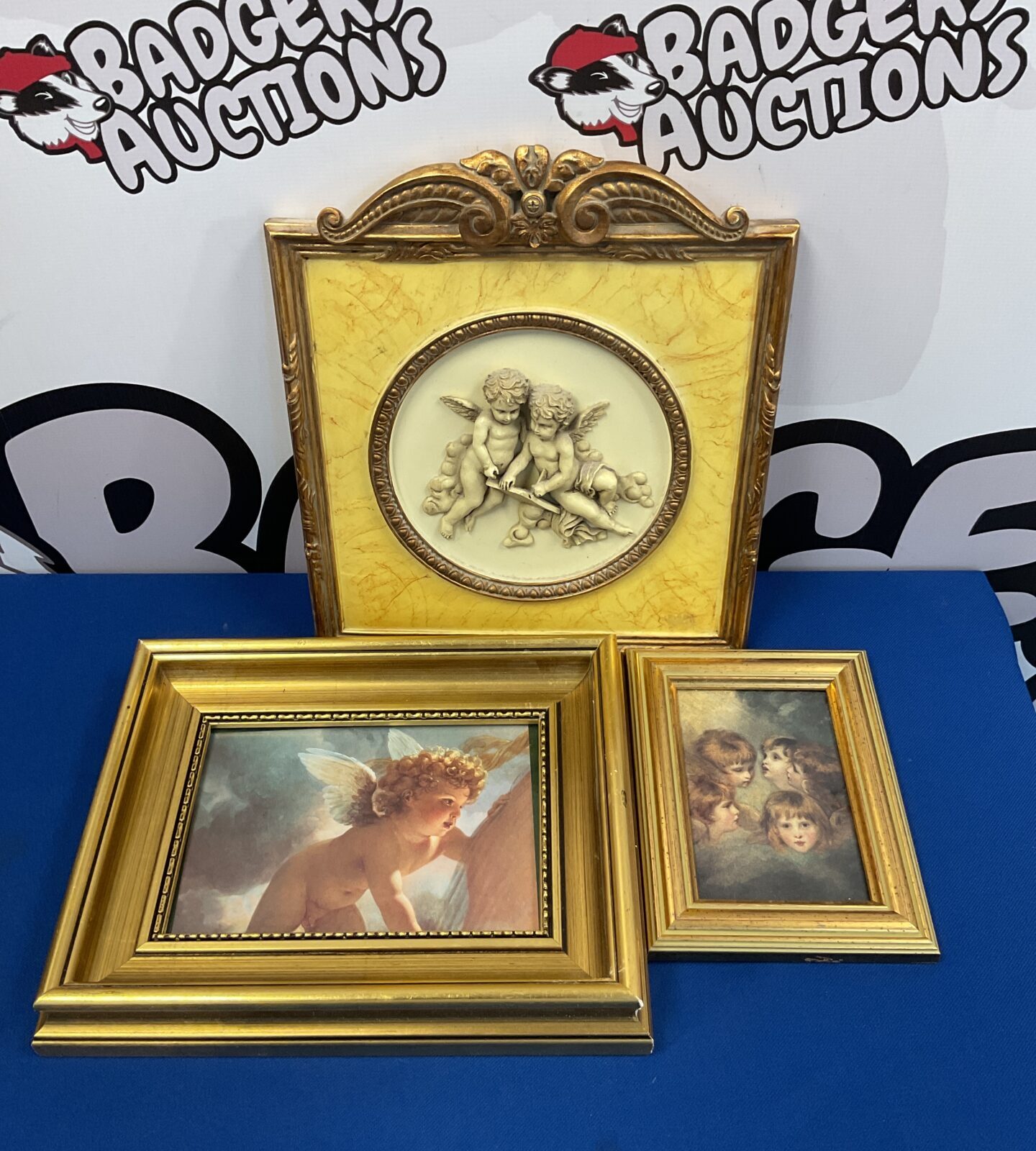 Gdp plaster cherub wall plaque & two prints