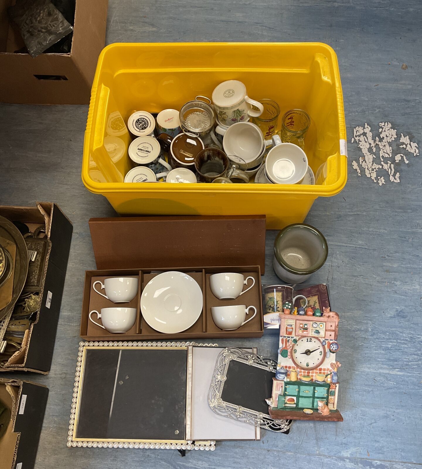 Collection of mugs including cath kidston, portmeirion with photo frames & moira pot