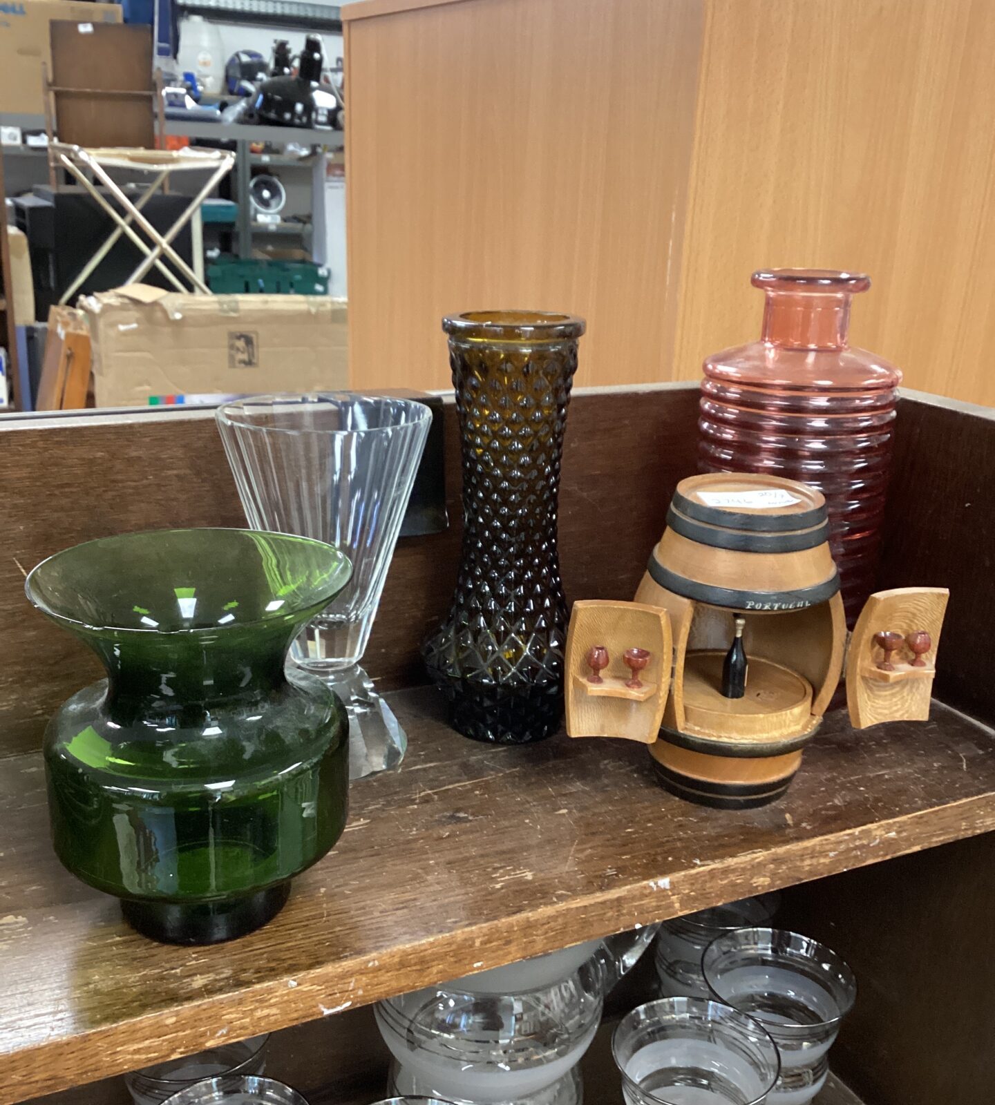 Selection of Glass Vases and miniature Barrel