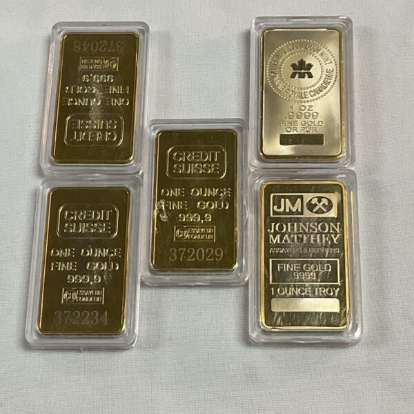 Five commemorative replica credit suisse one ounce 999 gold bar