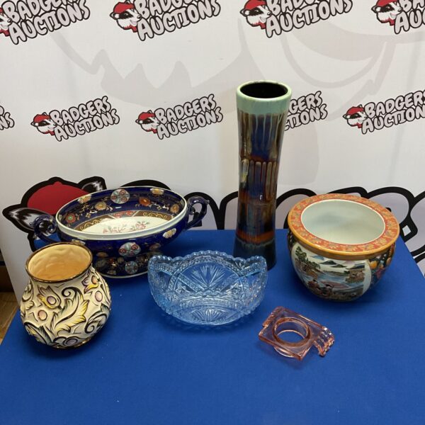 Box of mixed ceramics & glassware including chinese plant pot & wade vase