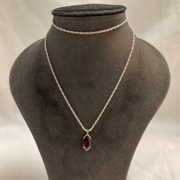 vintage silver 925 22” necklace with large faceted cut ruby colour cage pendant