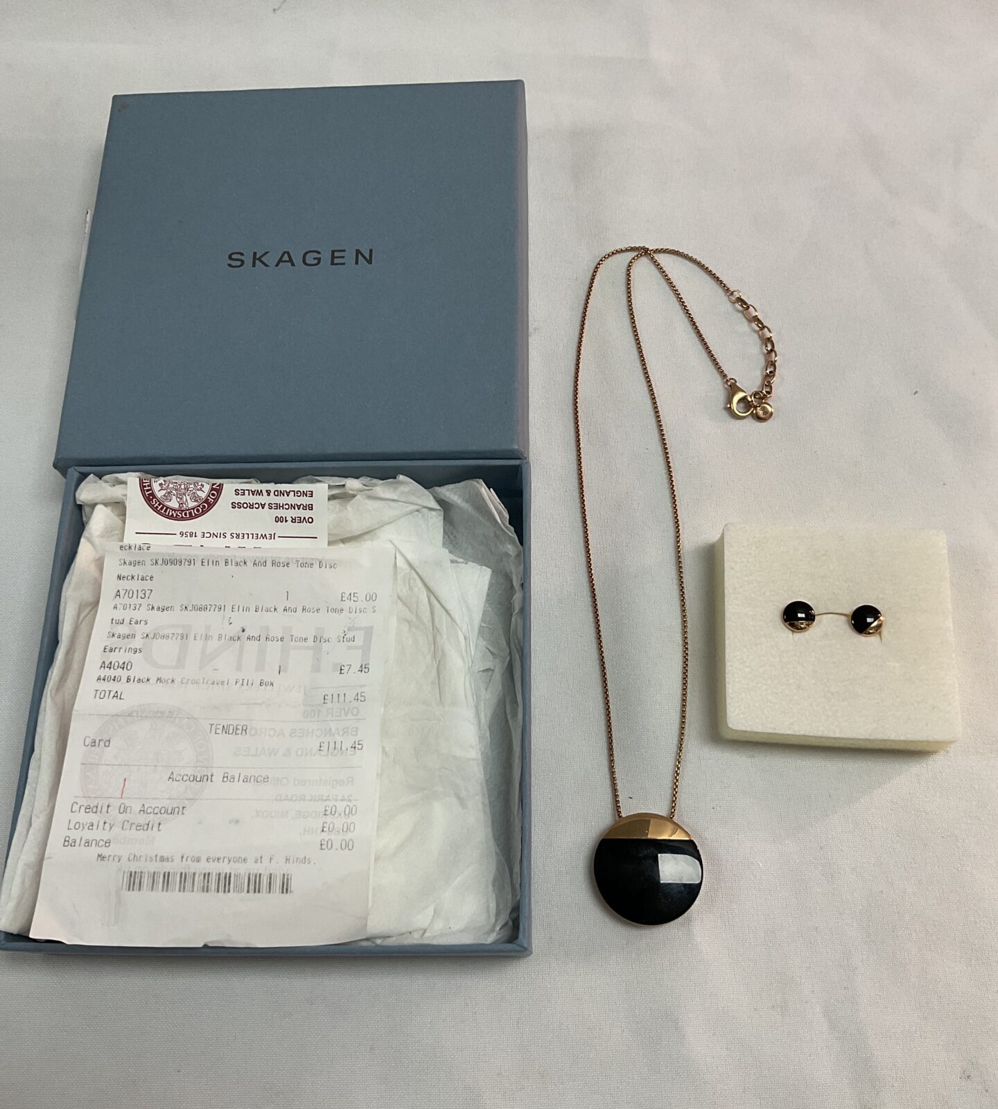 Skagen Elin Black and rose tone disc necklace and matching stud earrings in original box