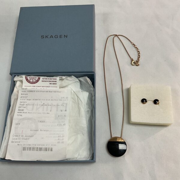 Skagen Elin Black and rose tone disc necklace and matching stud earrings in original box