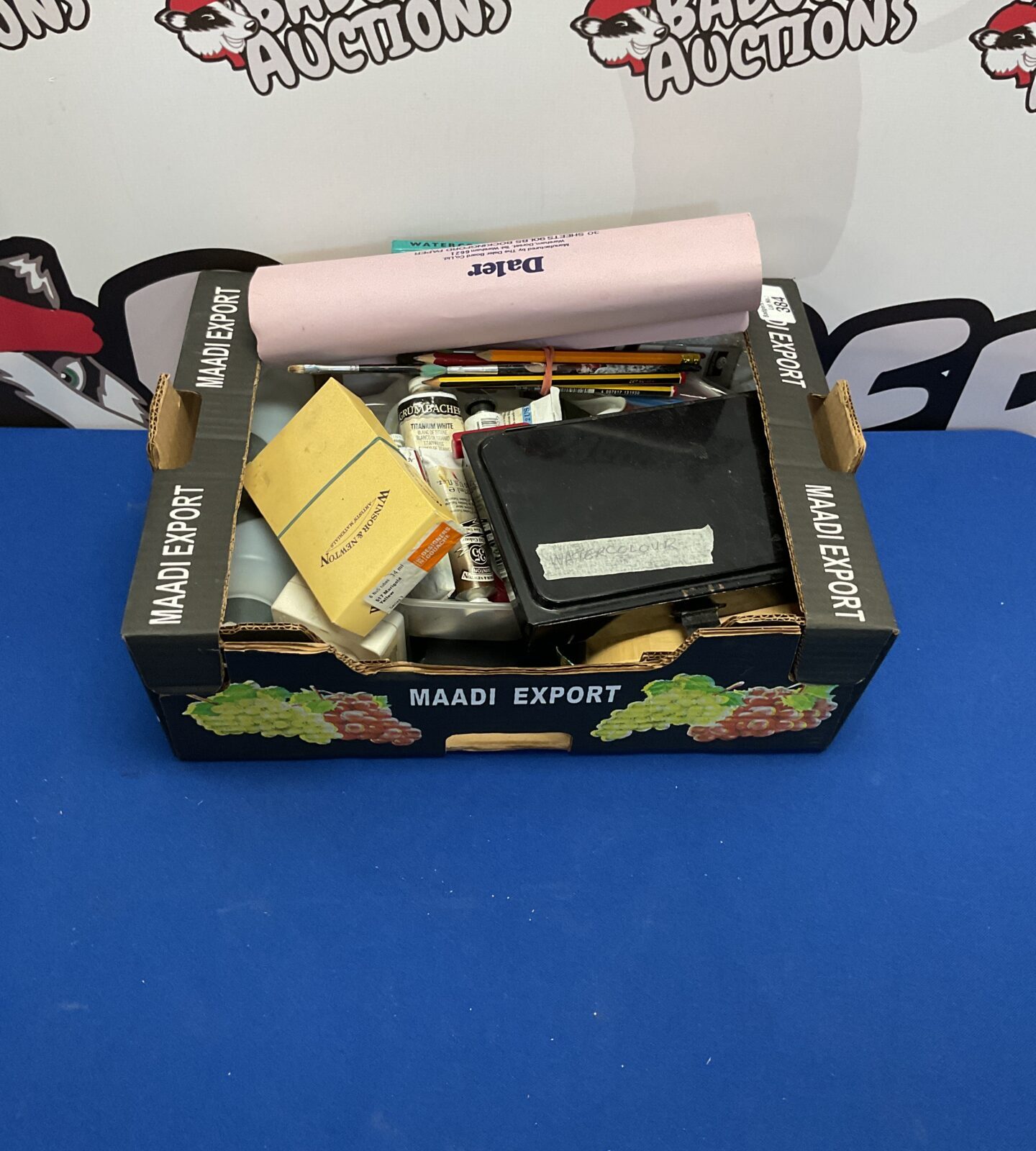 Box of arts amd crafts items inc brushes and paints