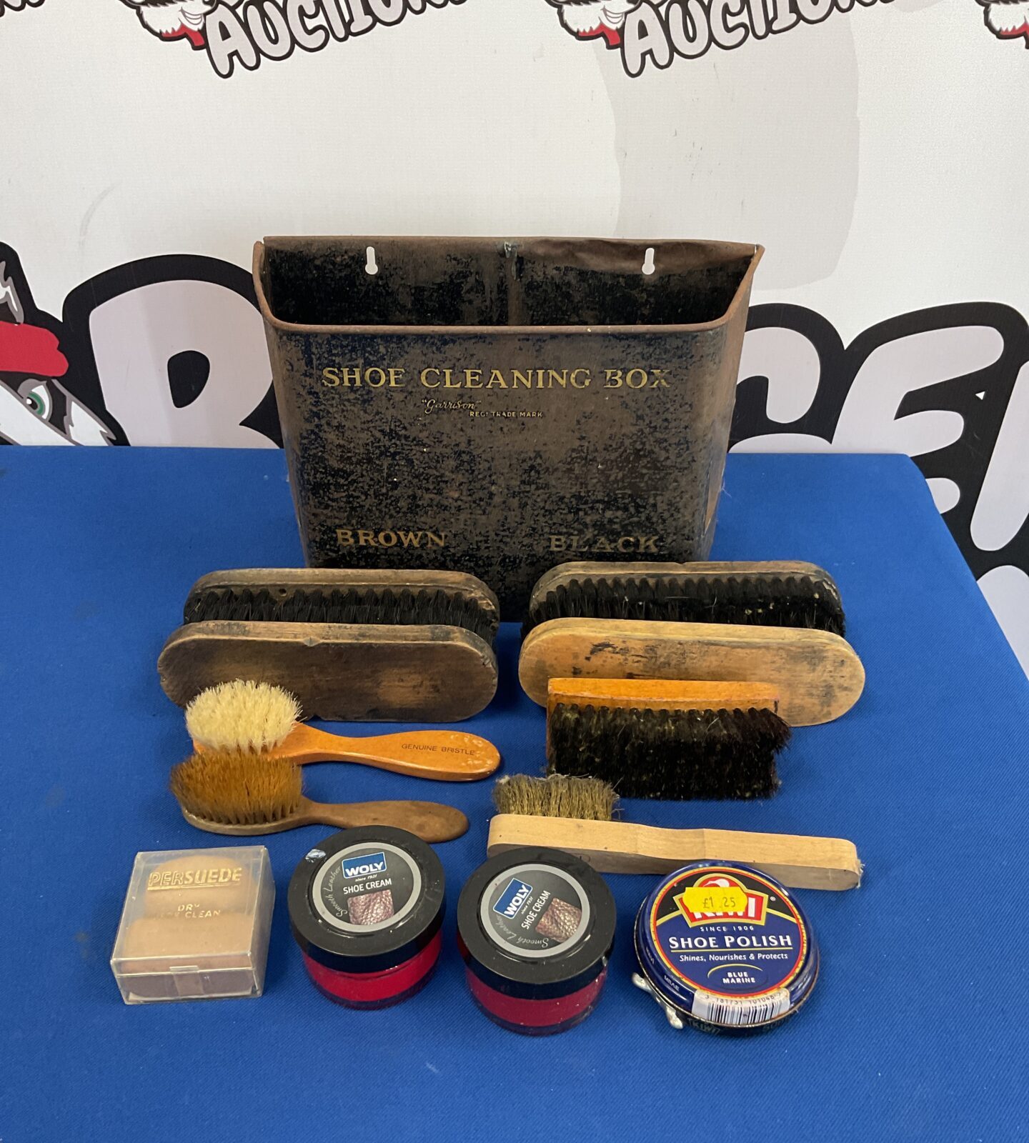 Vintage shoe cleaning tin box with brushes & polish