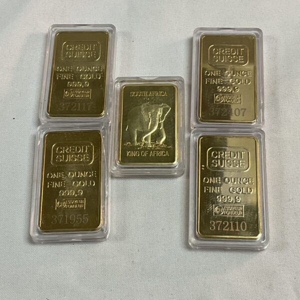 Four replica credit suisse one ounce commemorative gold bars and one king of Africa elephant Kruger and bar