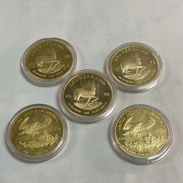 Three Replica Commemorative Krugerands and two USA 50 dollar coins