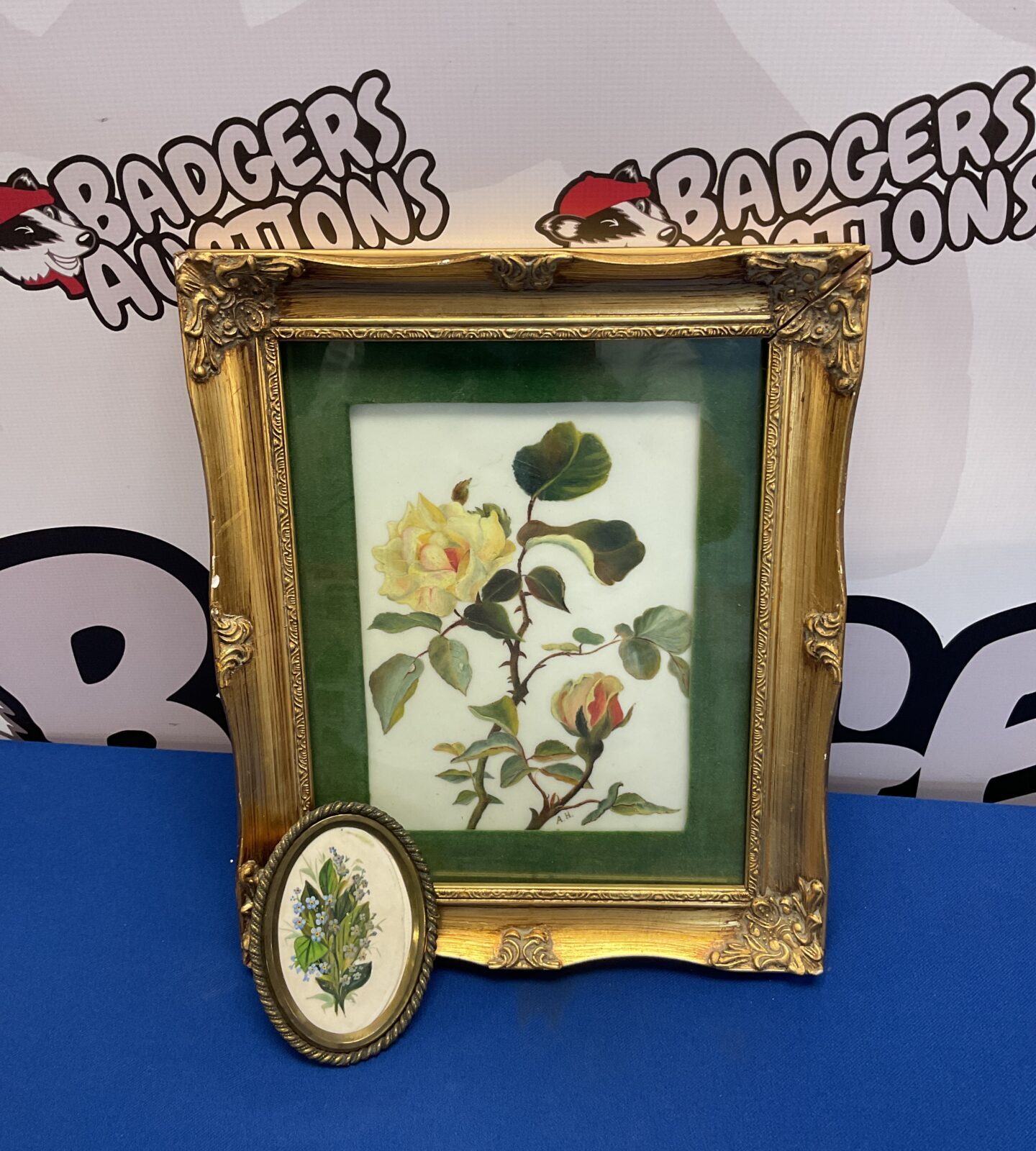 antique gilt framed oil painting on opaque glass study of roses & miniature floral study of flowers