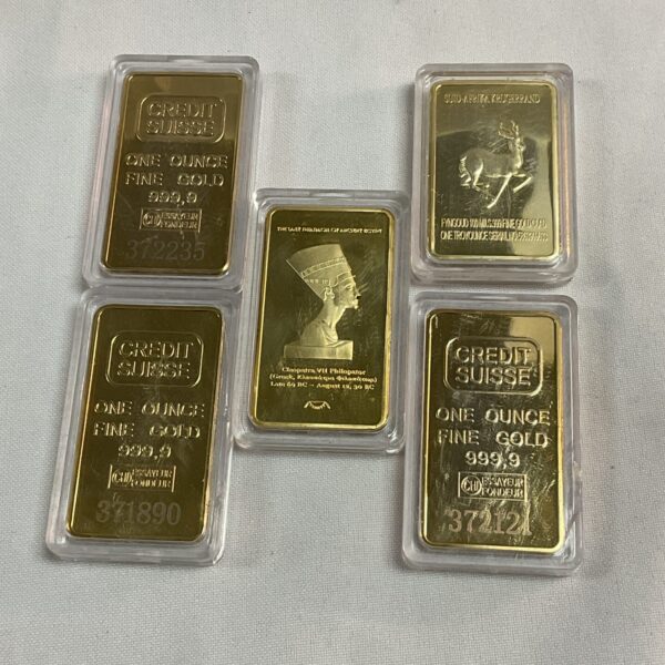 Three Replica commemorative credit suisse gold bars one Kruger and and Egyptian bars