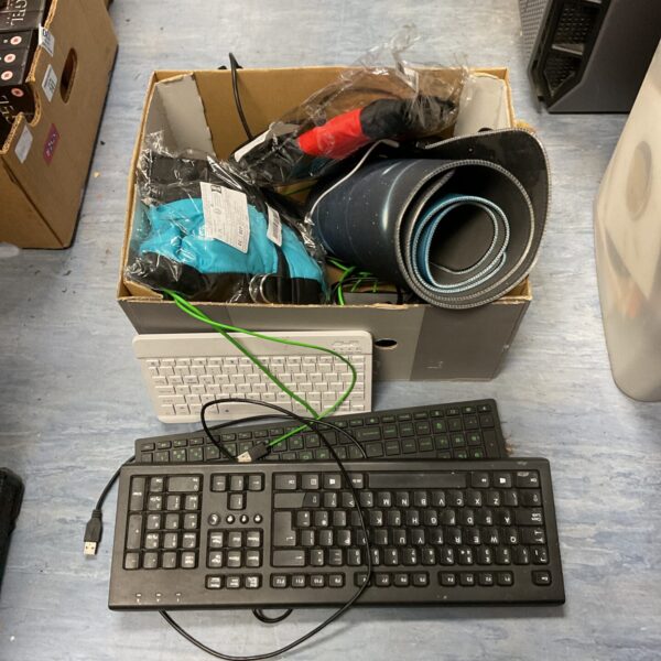 Box of mixed to include computer keyboards & new dog jackets