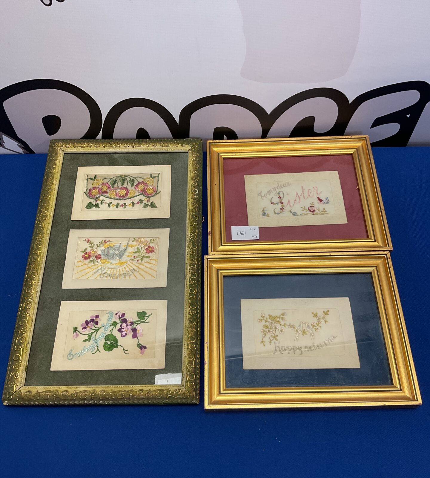 five framed silk embroidered sweetheart cards