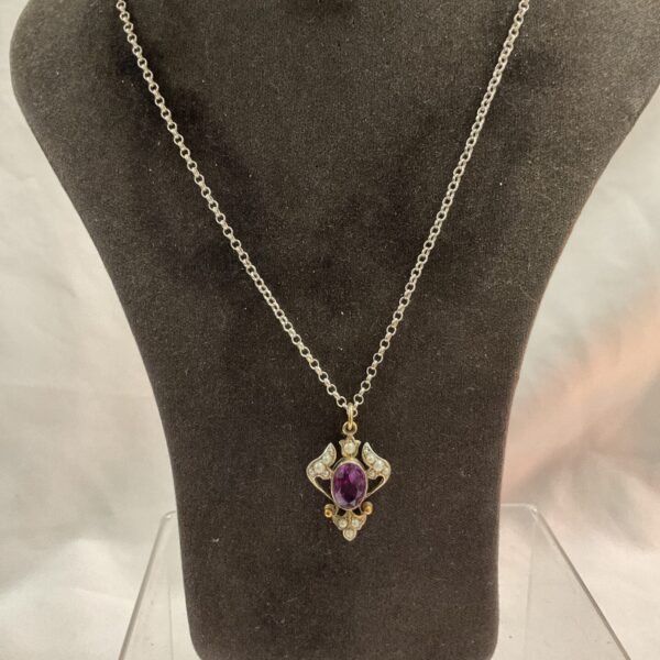 amethyst and seed pearl pendant silver necklace