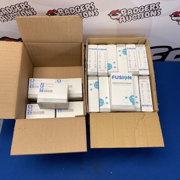 Box of fusion medical adhesive and barrier film applicators and box of barrier and adhesive remove wipes
