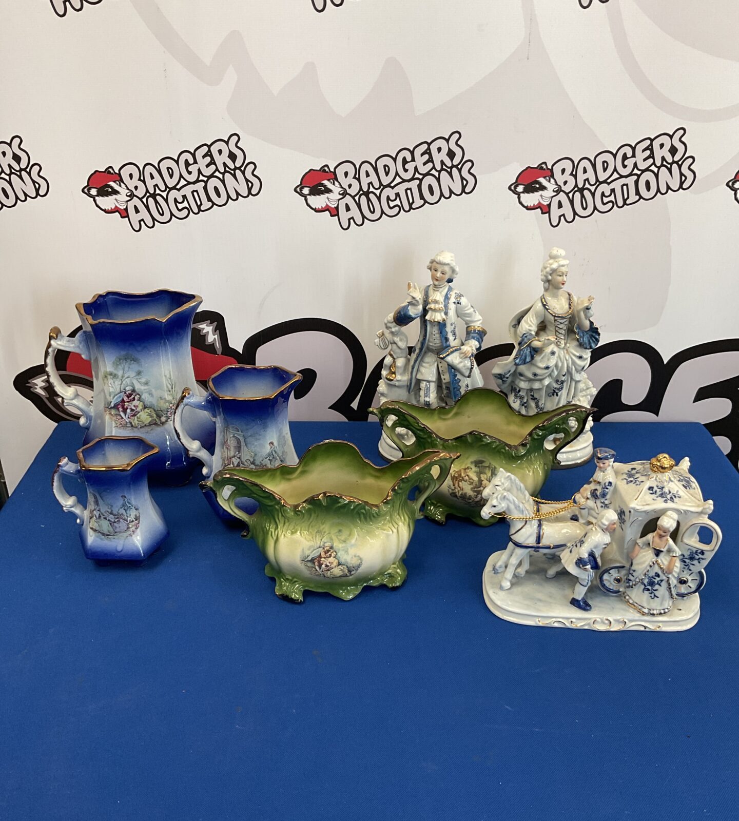 Selection of Staffordshire china including jugs, pots & blue & white figurines