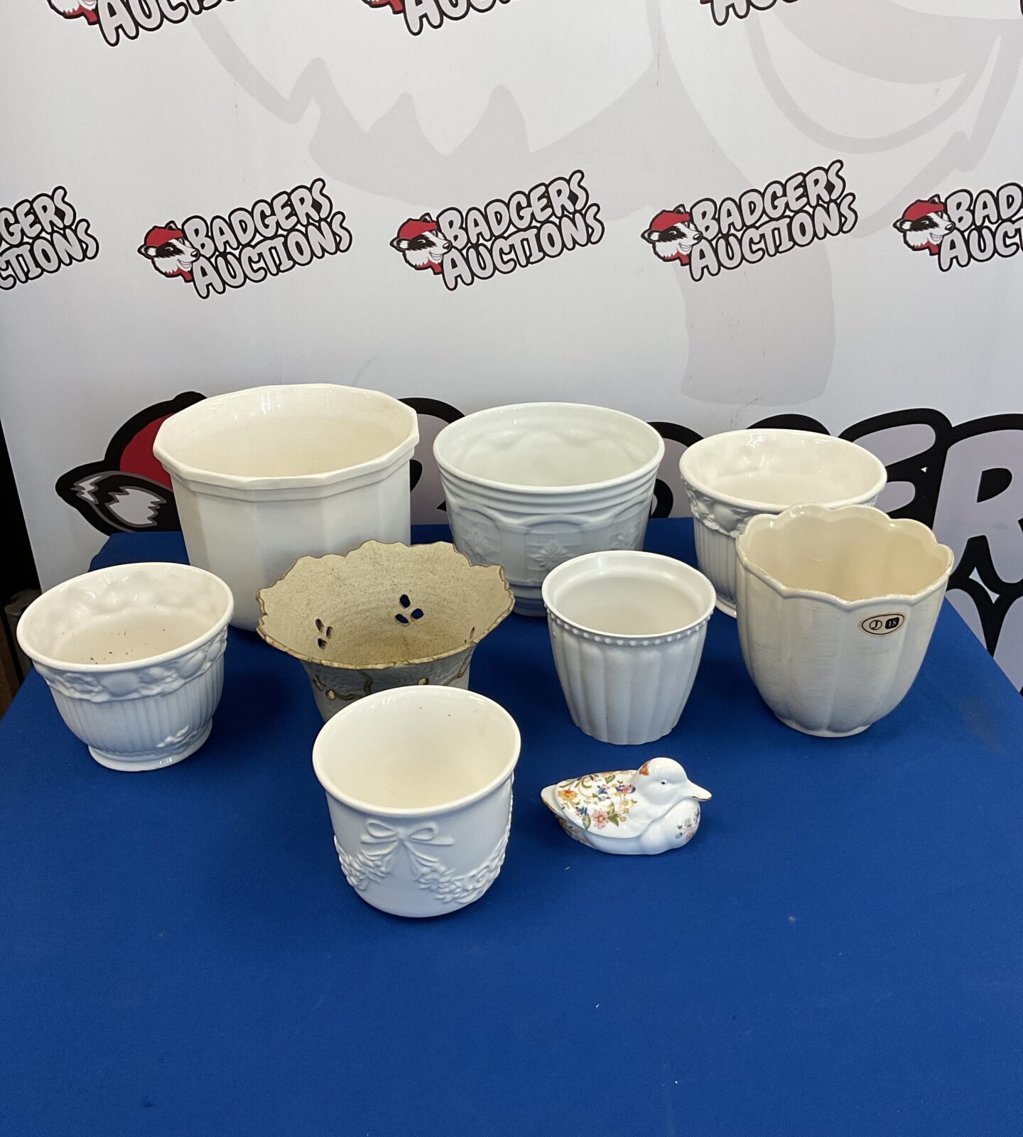 Box of white ceramic plant pots & duck pin dish
