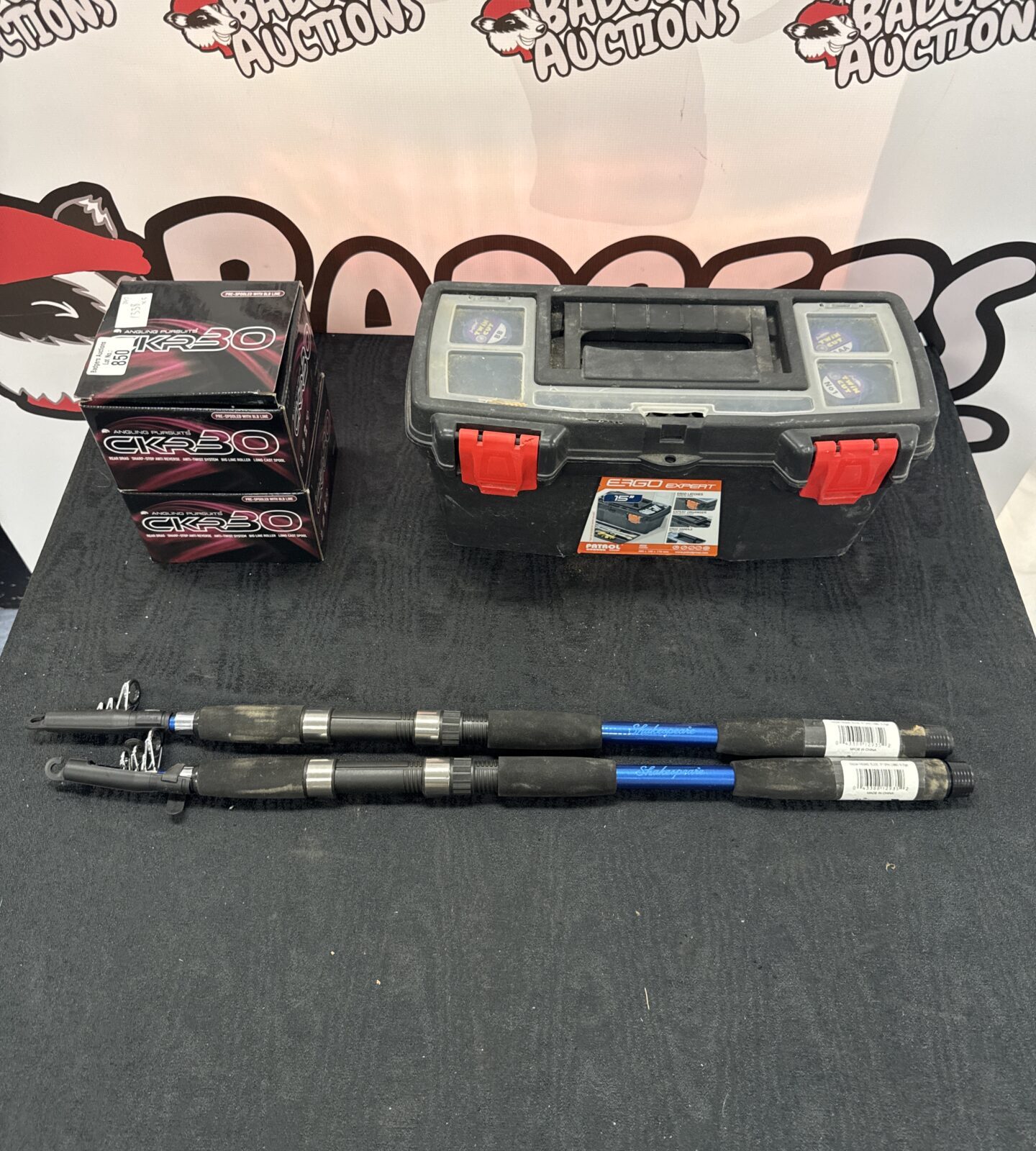 Selection of fishing items inc two new ckr30 reels with two firebird 7ft telescopic spin rods & a tackle box