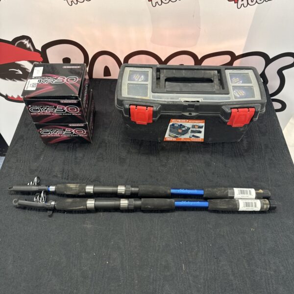 Selection of fishing items inc two new ckr30 reels with two firebird 7ft telescopic spin rods & a tackle box