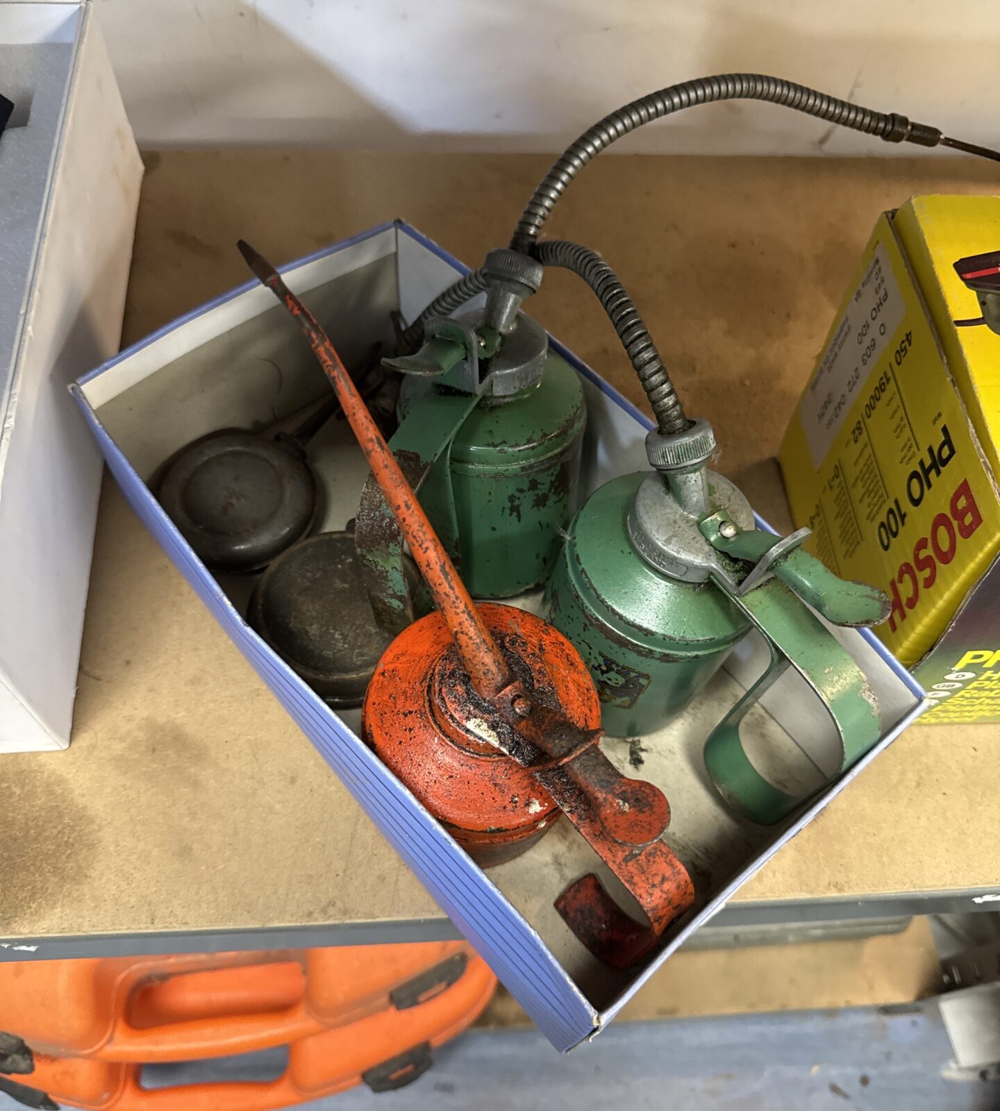 Selection of vintage oil drip cans