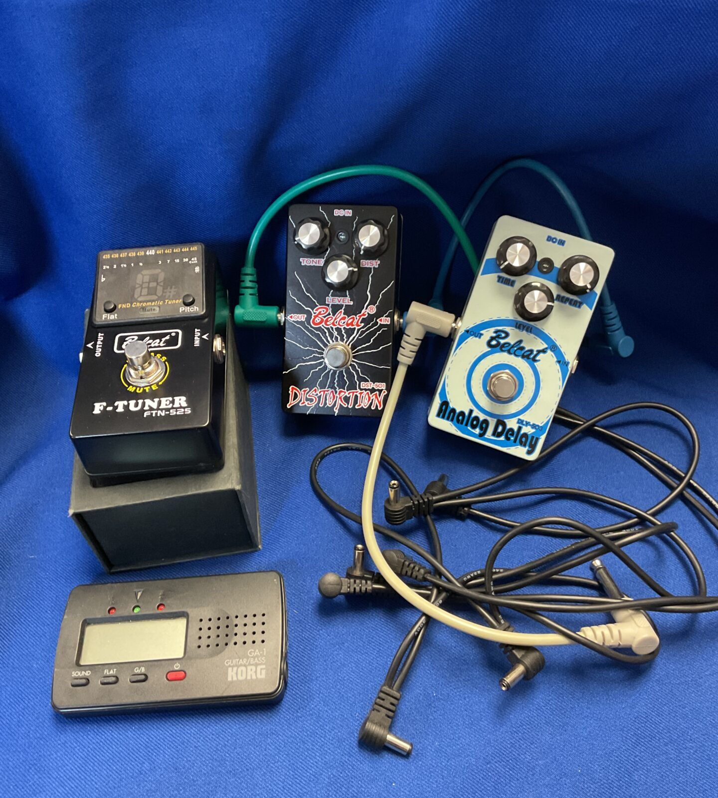 Three guitar pedals inc belcat distortion & korg tuner