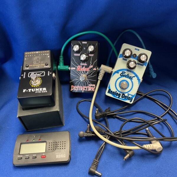 Three guitar pedals inc belcat distortion & korg tuner