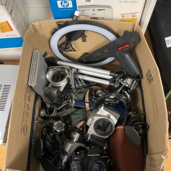 Box of cameras including canon & webcams with Sinclair light gun