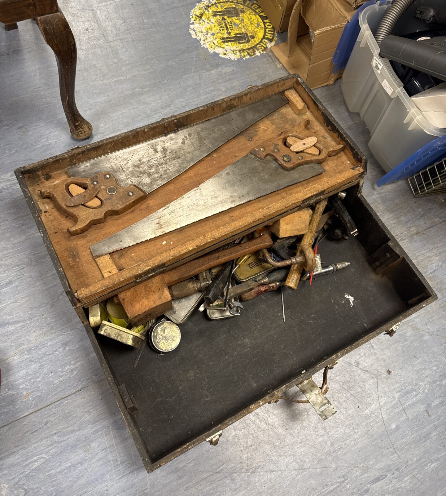 Wooden carpenters toolbox with contents