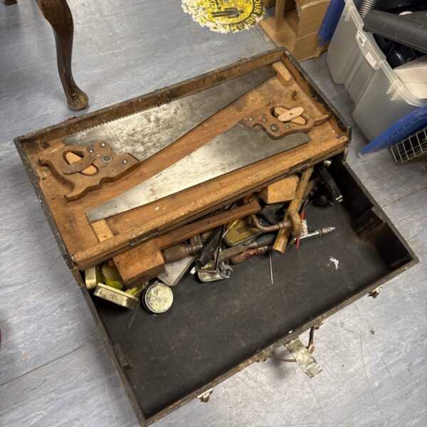 Wooden carpenters toolbox with contents