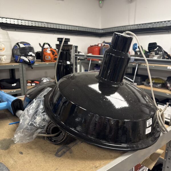 Two large enamelled industrial light shades