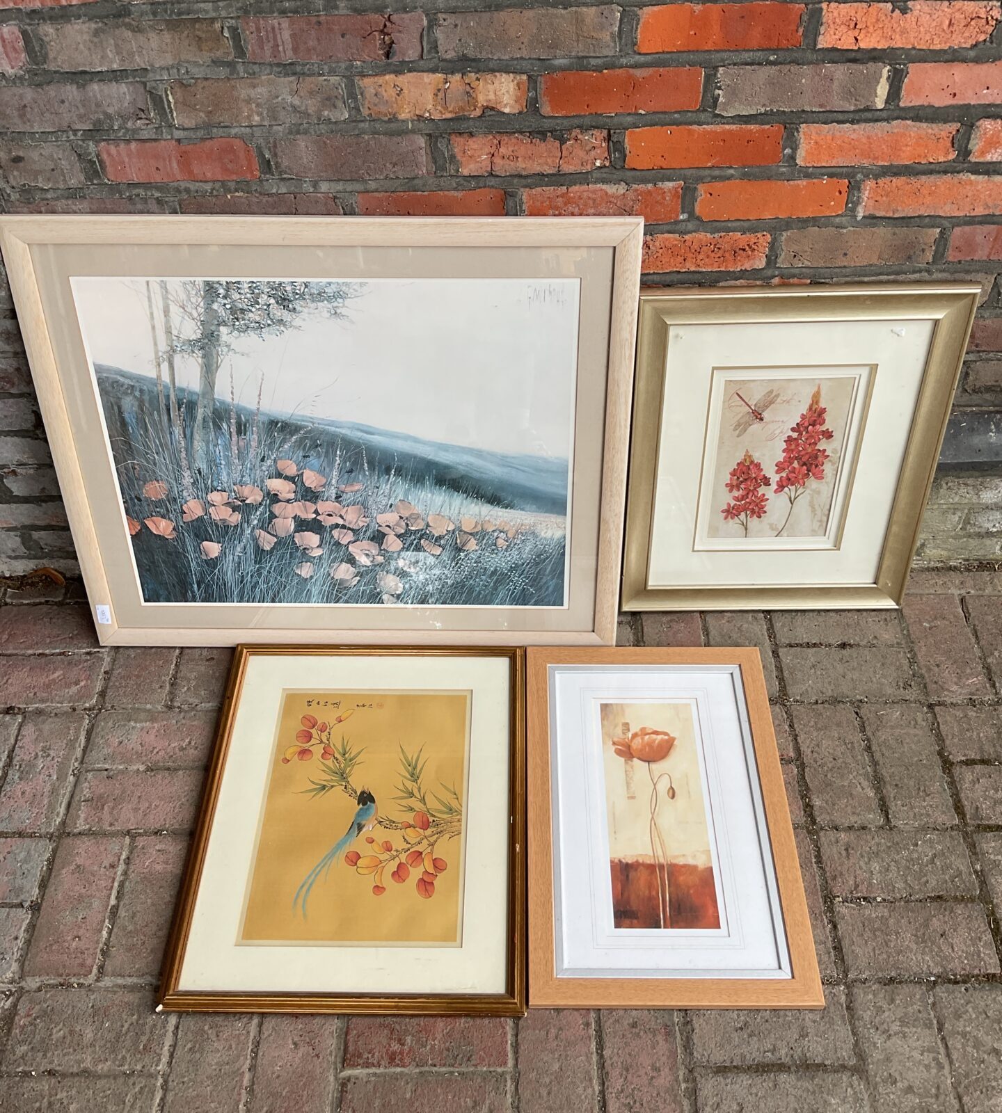 Three framed still life prints & chinese silk watercolour