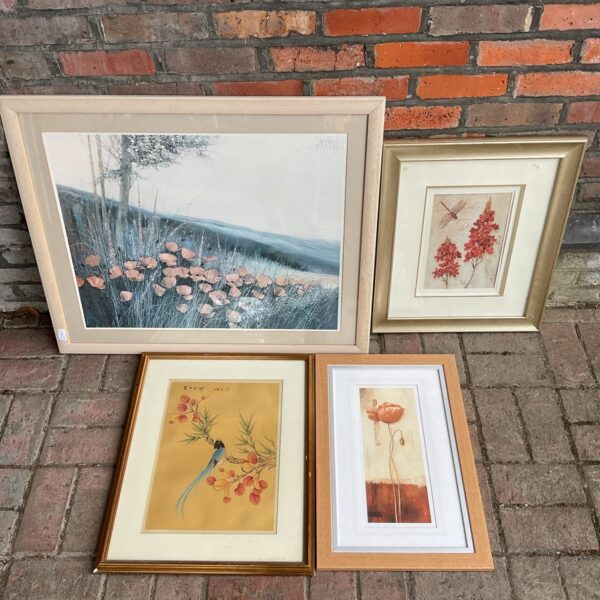 Three framed still life prints & chinese silk watercolour