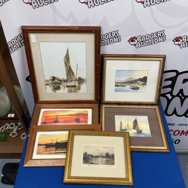 Six framed prints & pair of g haler signed watercolours