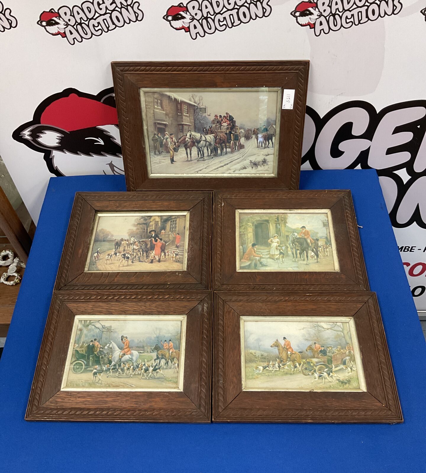 Set of five vintage oak framed hunt scene prints