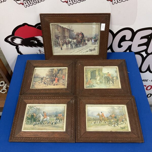 Set of five vintage oak framed hunt scene prints