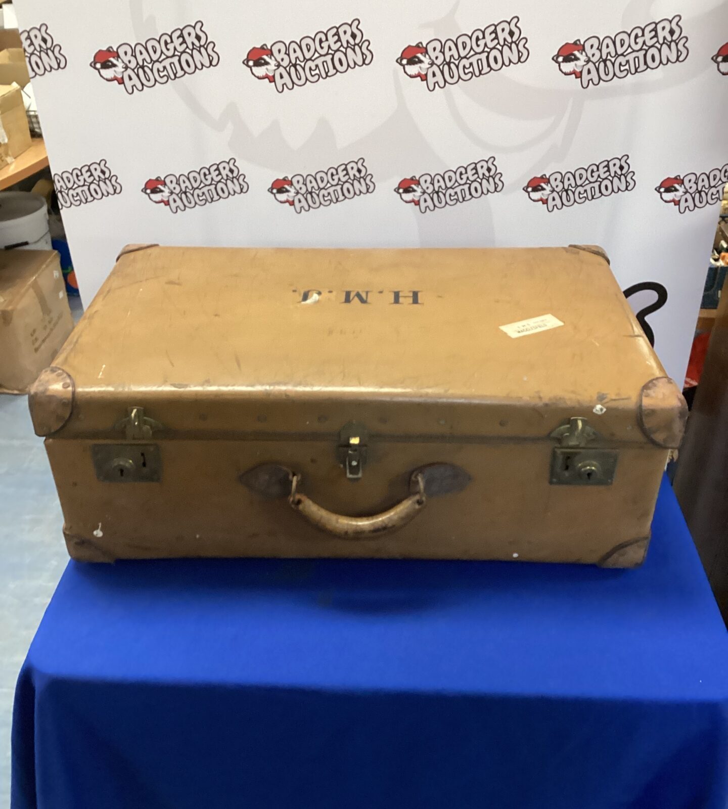 Large vintage orient make travel trunk initialed H.M.J