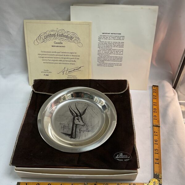Hallmarked Sterling Silver Ltd ed collectors plate designed by French artist Bernard Buffet titled Gazelle in box  211g