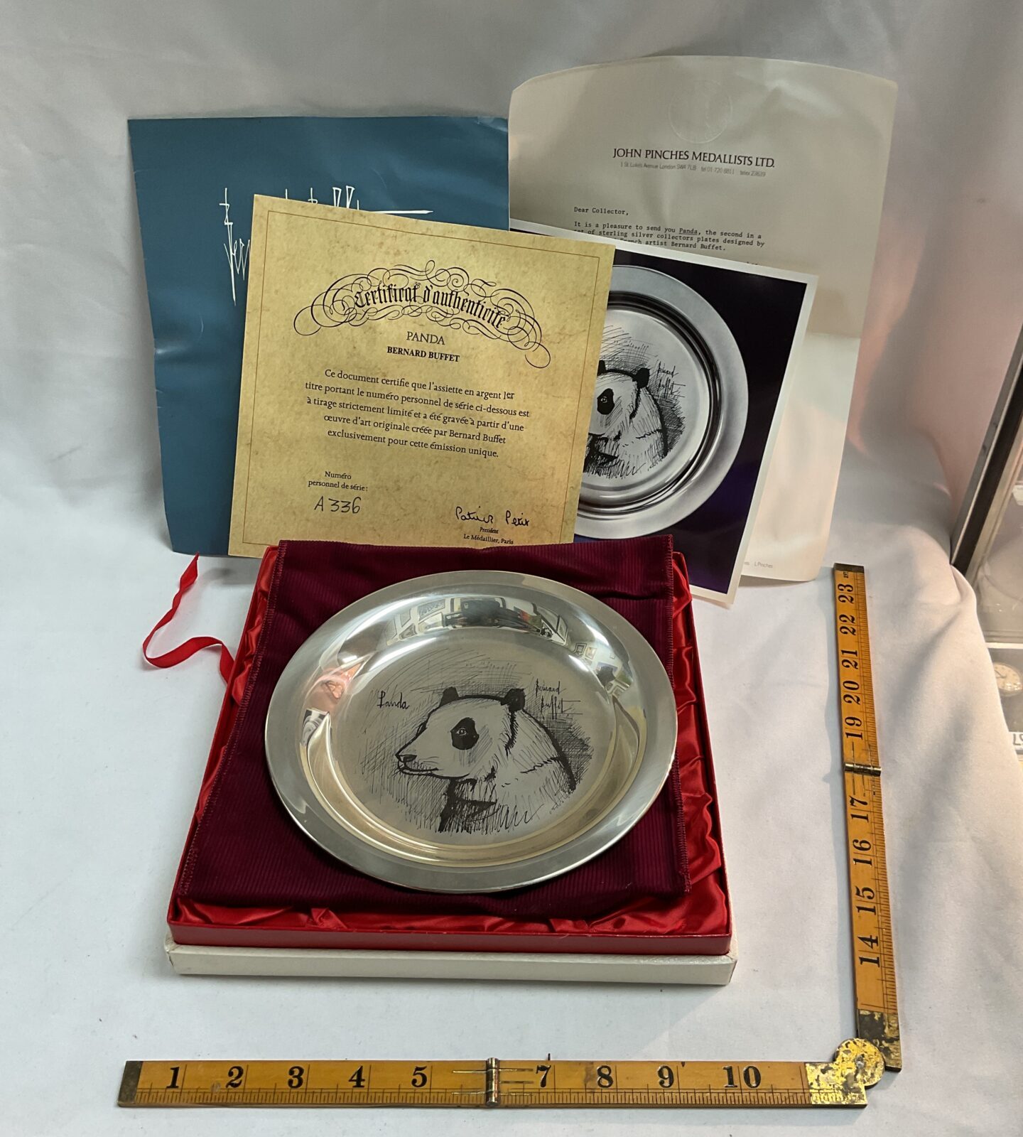Hallmarked Sterling Silver Ltd ed collectors plate designed by French artist Bernard Buffet titled Panda in box  211g