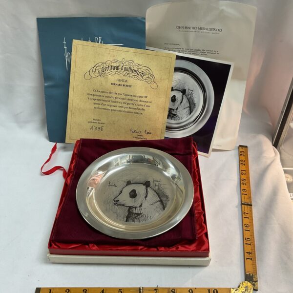 Hallmarked Sterling Silver Ltd ed collectors plate designed by French artist Bernard Buffet titled Panda in box  211g