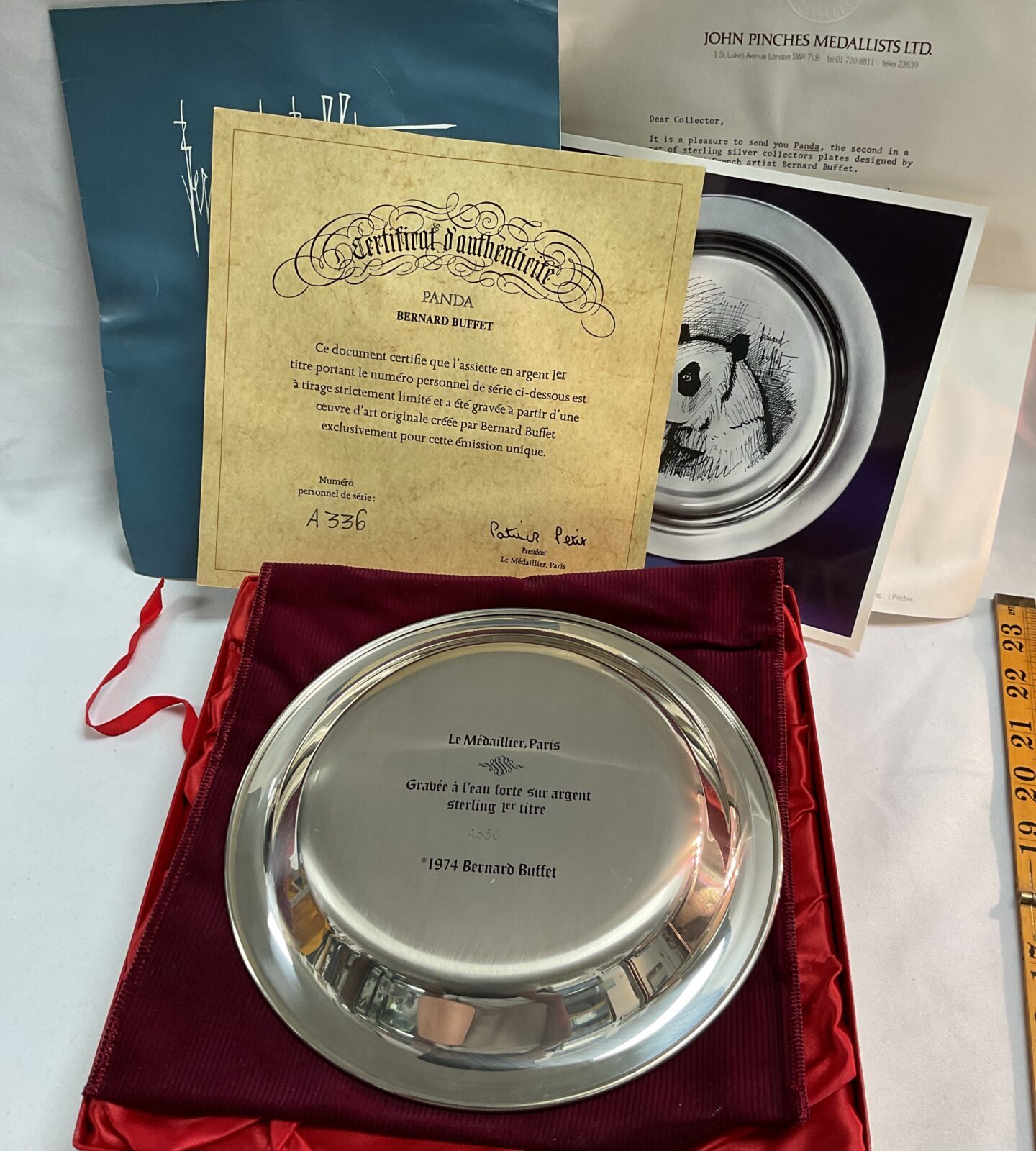 Hallmarked Sterling Silver Ltd ed collectors plate designed by French artist Bernard Buffet titled Panda in box  211g - Image 2
