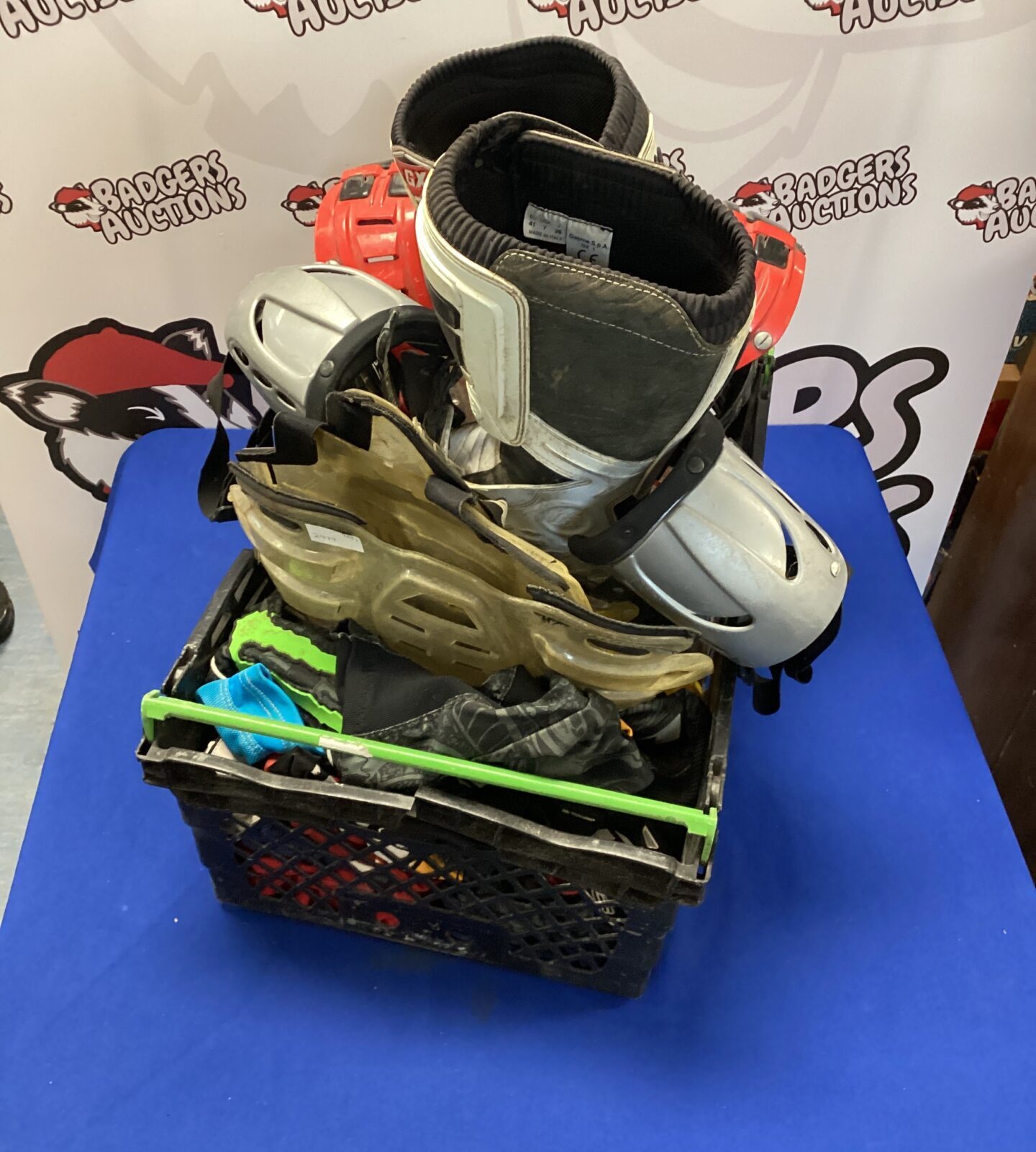 Crate of motorcross gear inc two body armour sets, pair of boots & clothing