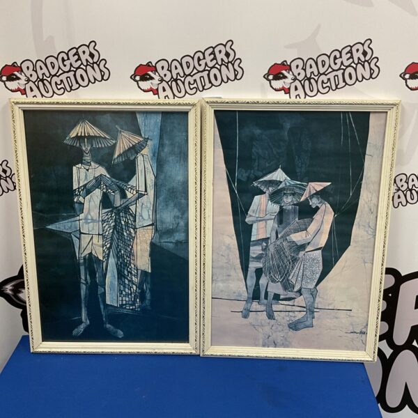 Pair of vintage oriental prints depicting traditional Asian figures.