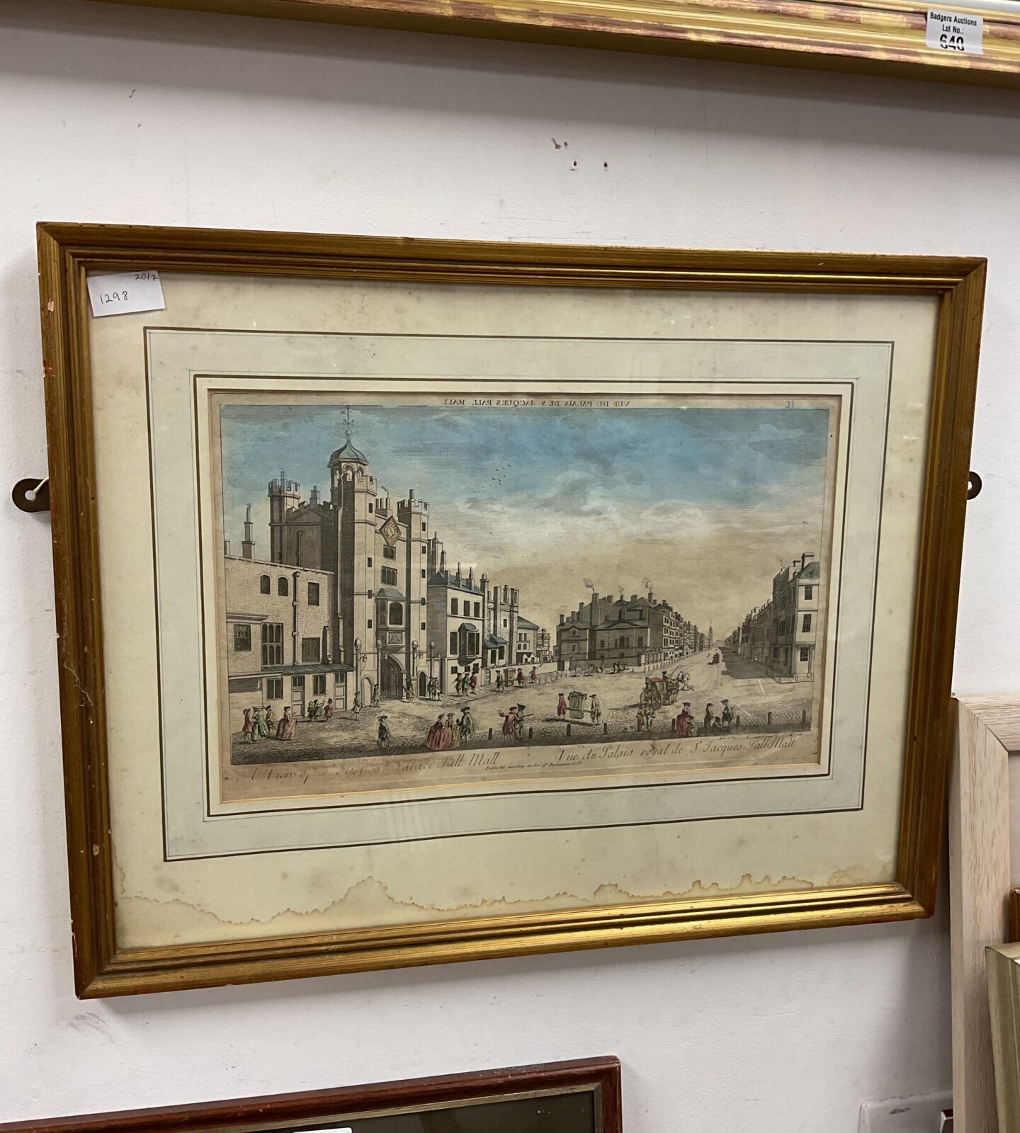 Antique framed hand coloured engraving pall mall palace