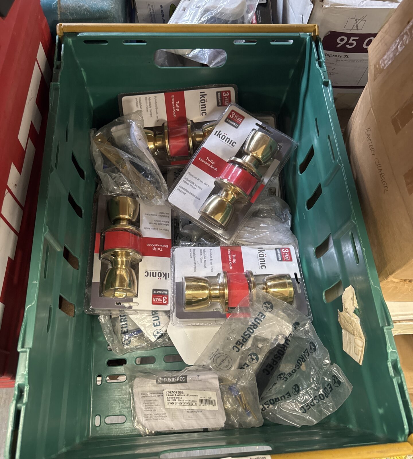 Tray of brass effect door knobs & sash locks