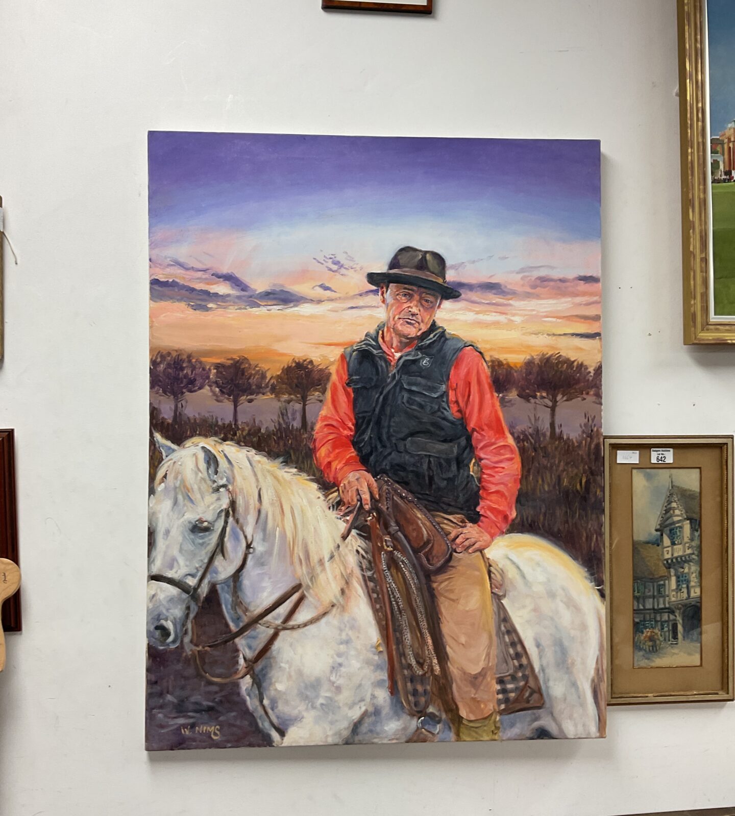 W nims signed large oil painting of john wayne on horseback